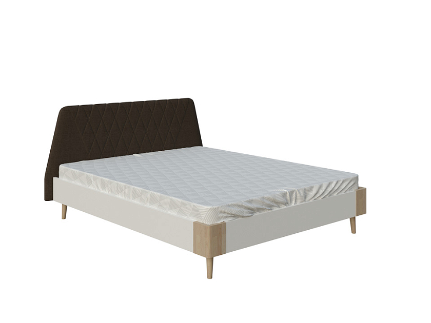 Кровать Lagom Hill Chips 140x200 ЛДСП+ткань Лама Шоколад/ЛДСП Белый Жемчуг/Масло-воск Natura (Бук) - Оригинальная кровать без встроенного основания из ЛДСП с мягкими элементами.